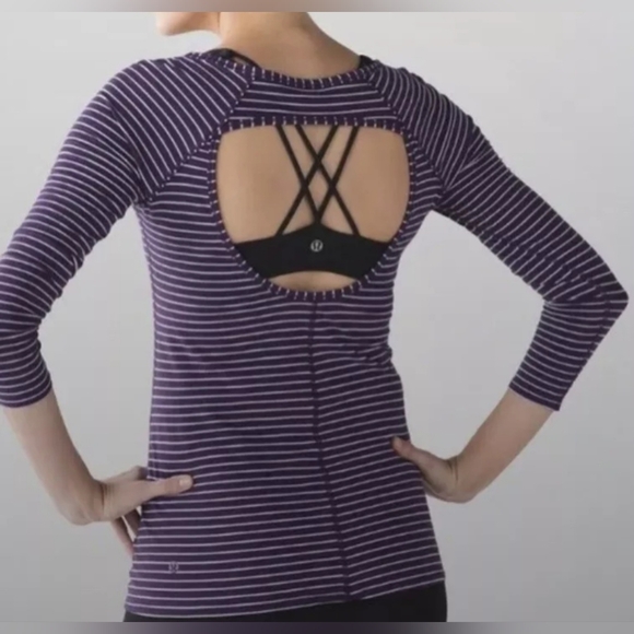 LULULEMON Physically Fit Open Back Purple Stripe T Shirt Sz S/M? - Picture 1 of 12